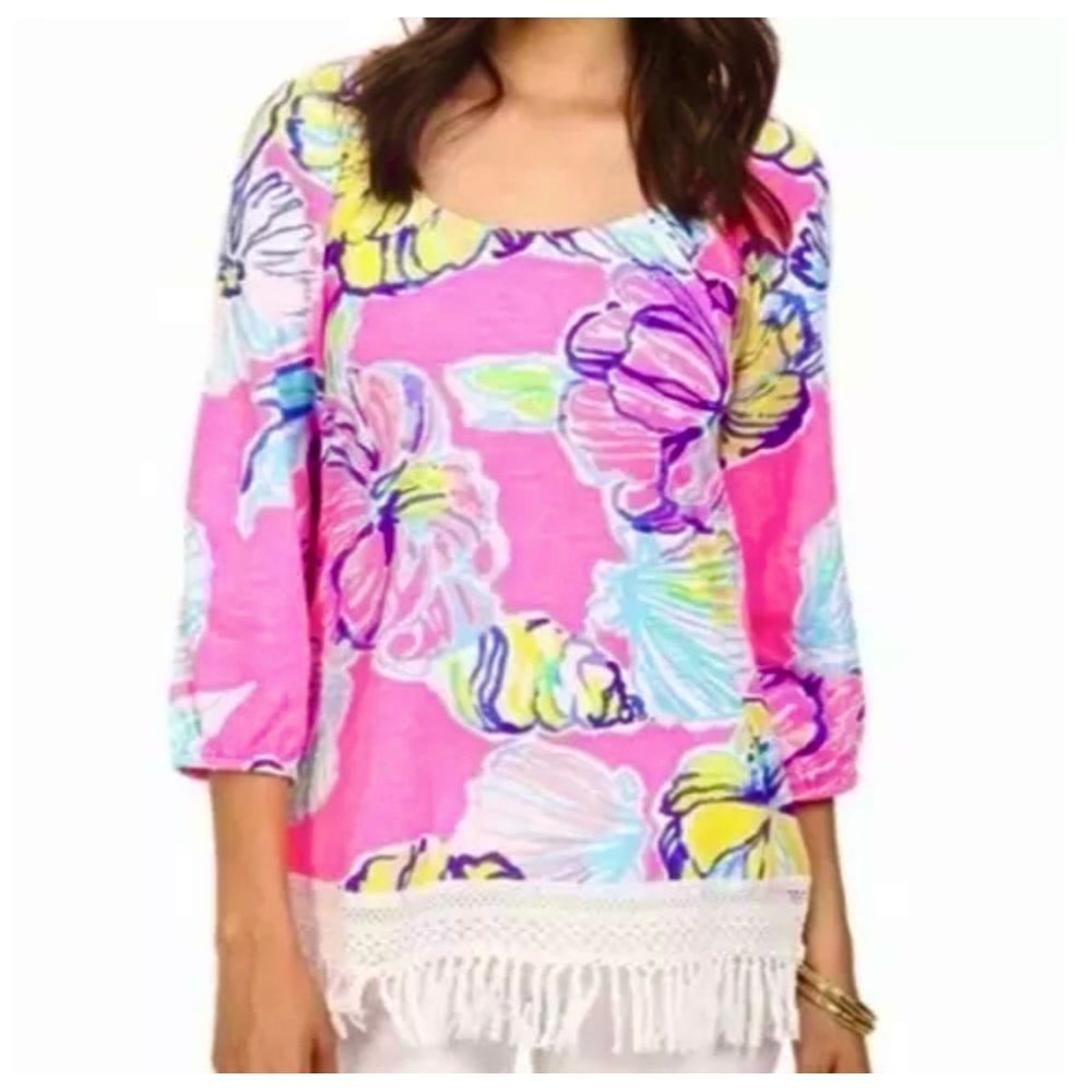 Lilly Pulitzer Alia fringe long sleeve tropical pink floral size small